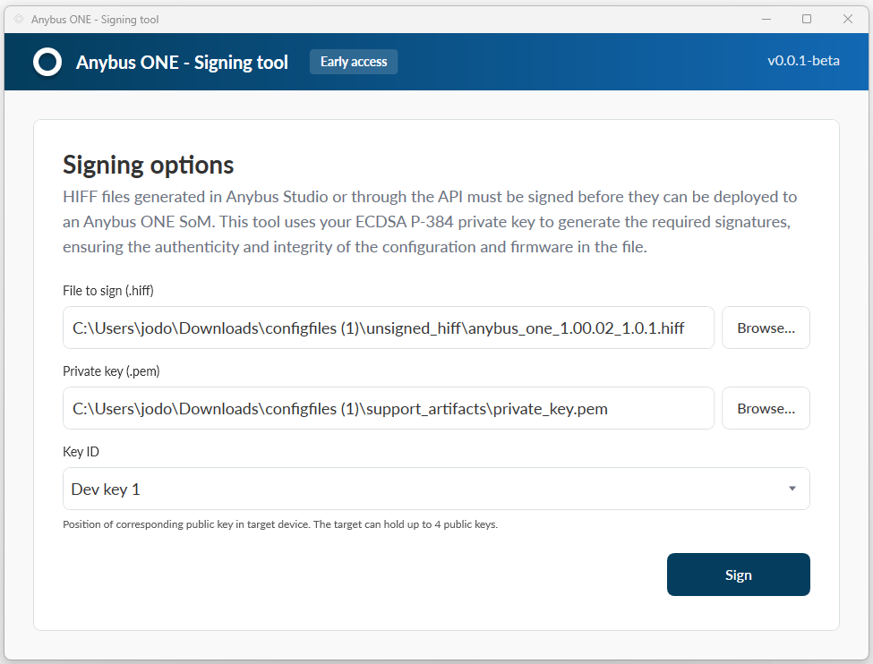 Anybus Signing tool, Signing options