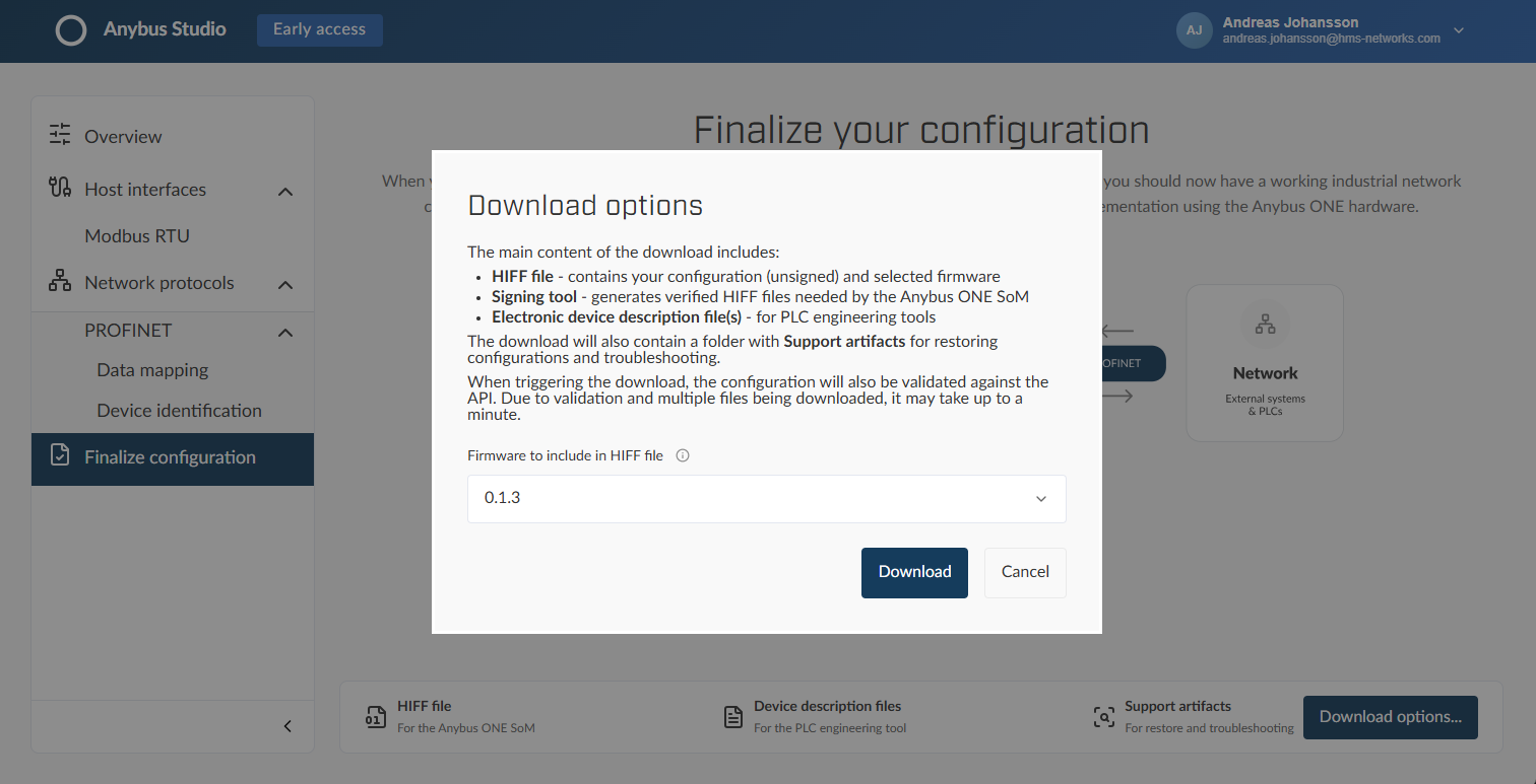 Finalize configuration page, Download options window