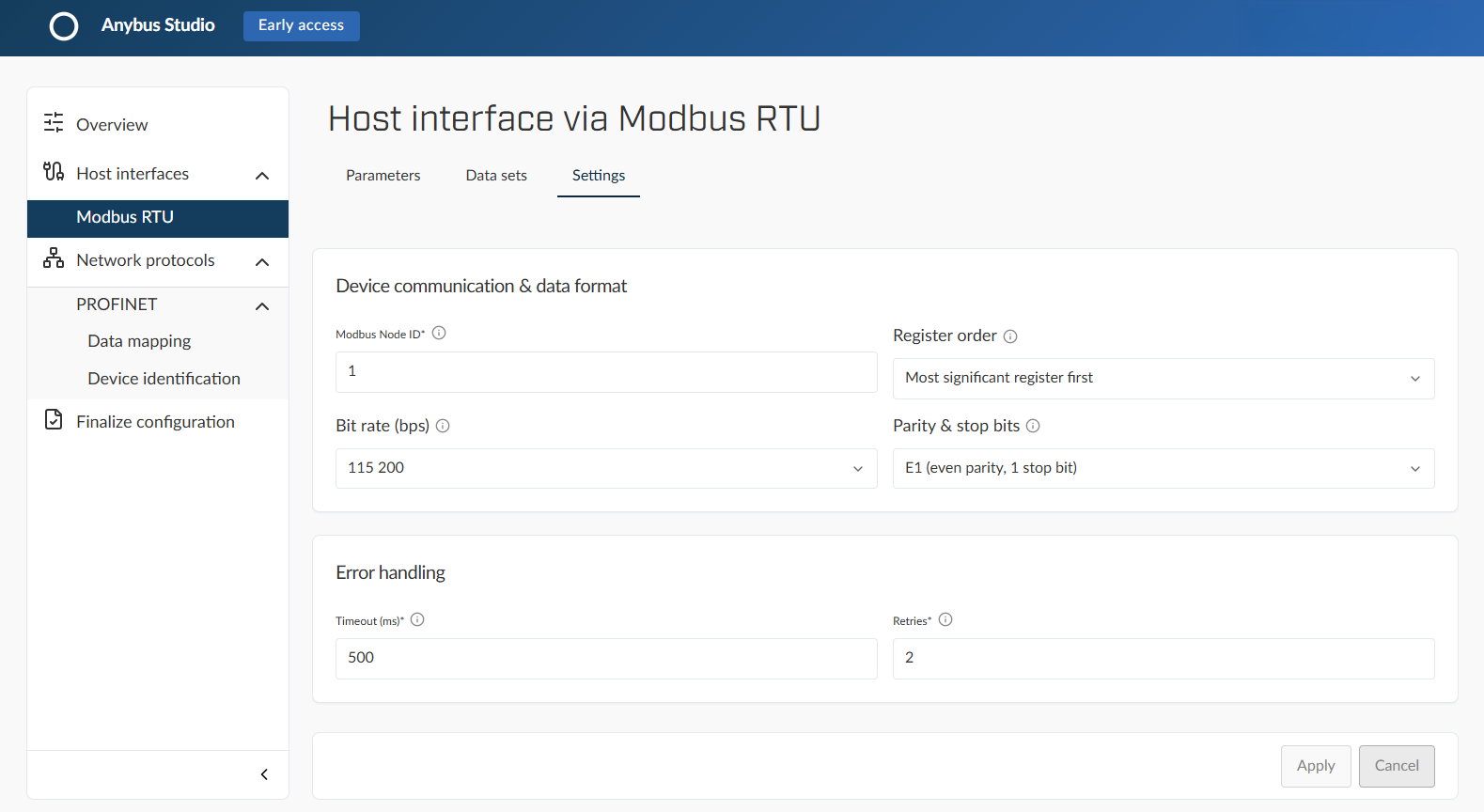 Modbus RTU Settings example