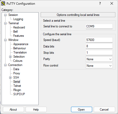 PuTTY Configuration, Serial Connection