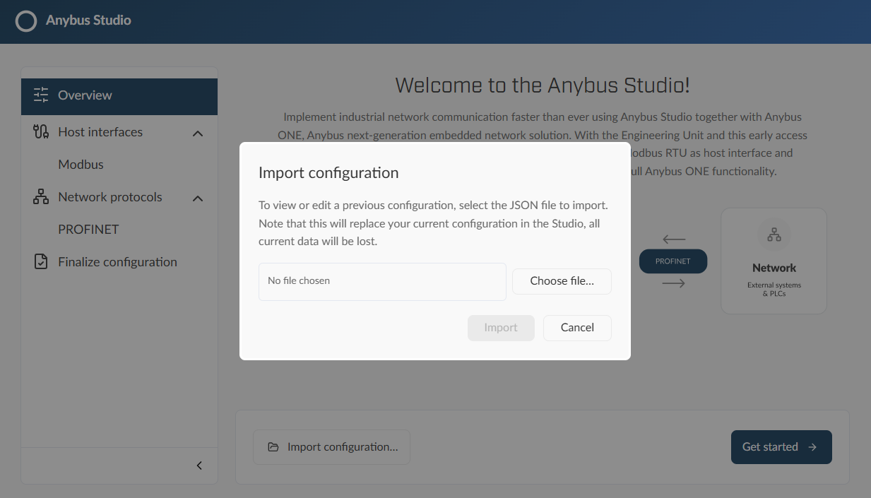Studio start page, Import configuration