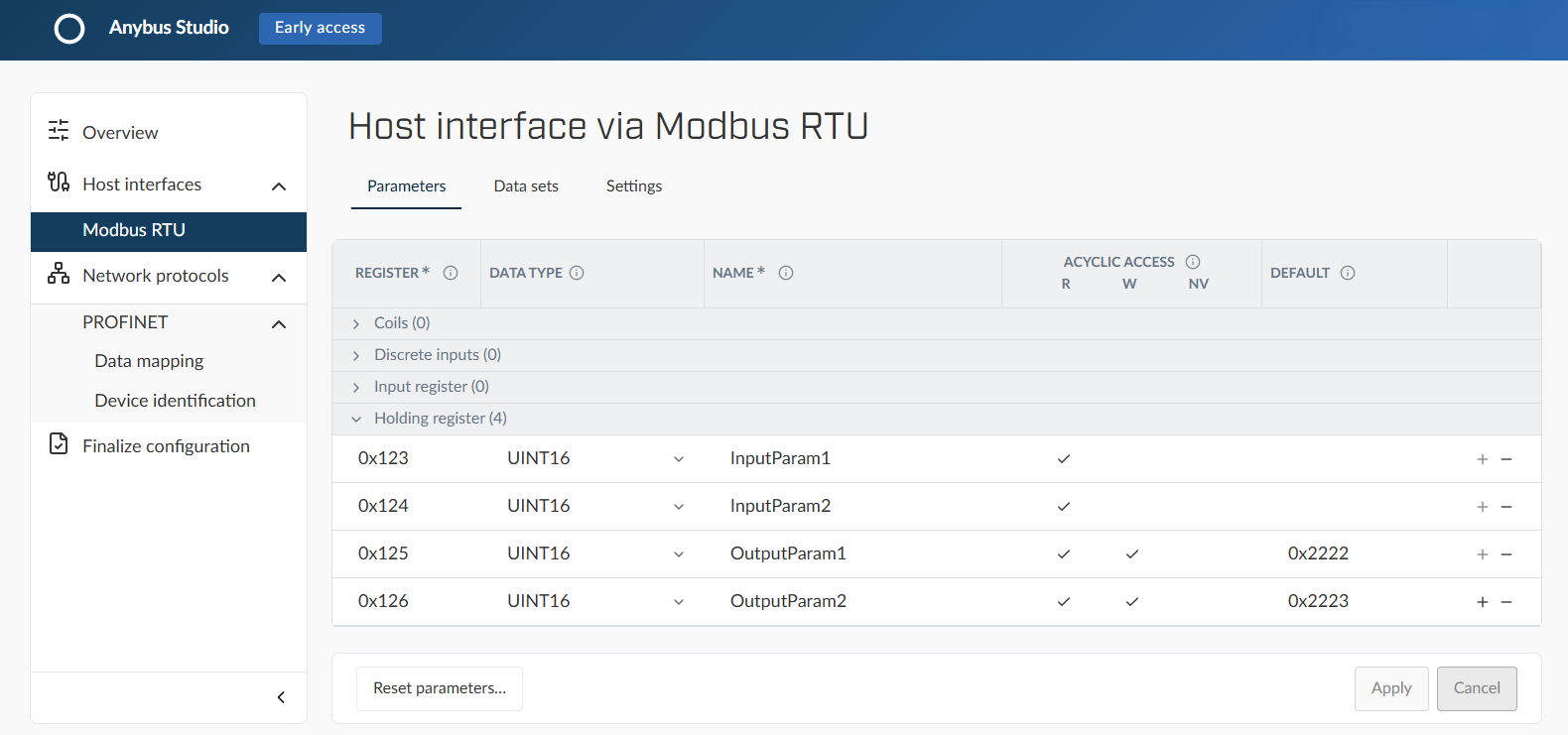 Modbus RTU Parameters example