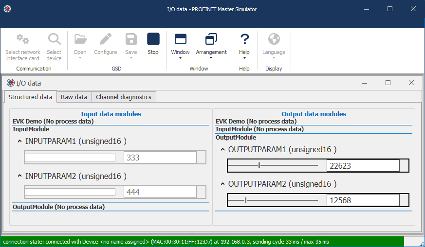 PROFINET Master Simulator - Input data module and Output data module