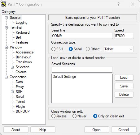 PuTTY Configuration, Session
